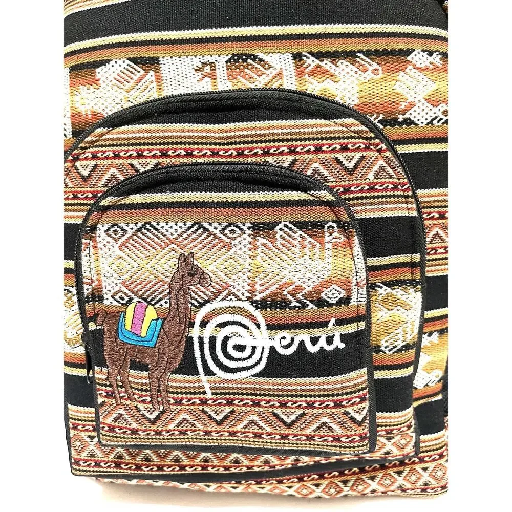 Handmade Peruvian Fabric Backpack Llama Design Colorful Item in USA